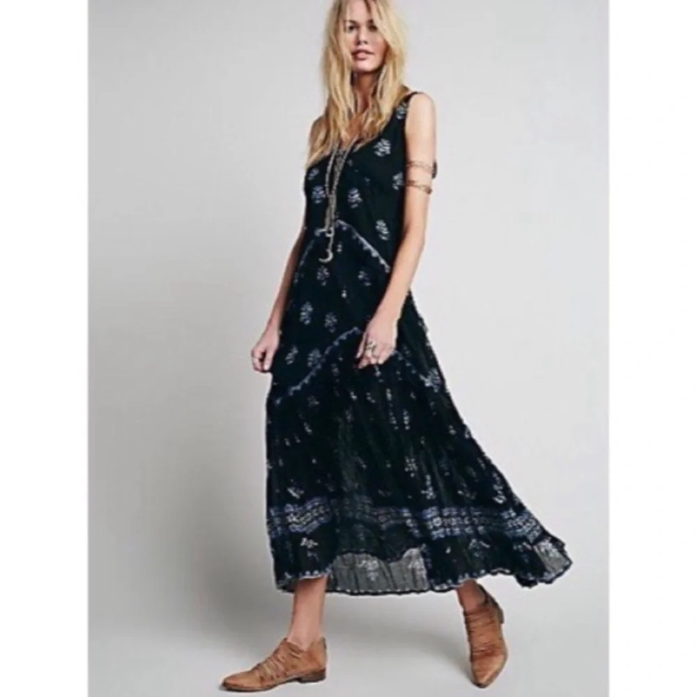 Free People Black Maxi Dress with White Print